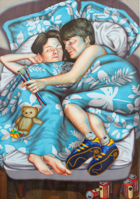 Tom and Alex in Bed, 2008, oil and acrylic on paper, 47 x 33 inches